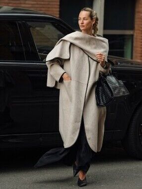 COS Leather Trim Wool Blend Cocoon Coat Size S
